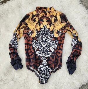 Mega Wear Leopard Status Print Mock Neck Bodysuit - Multi Color. Size Small. New